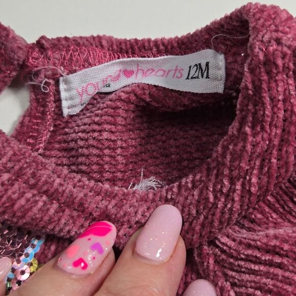 Baby Girl 12M Plush Sequin Unicorn Dress Ruffle Sleeve Dark Pink Velour Skater - Picture 5 of 9